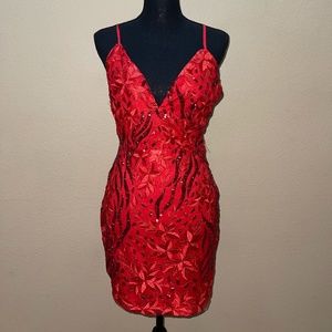 Red Sequin Embroidered Mini Dress